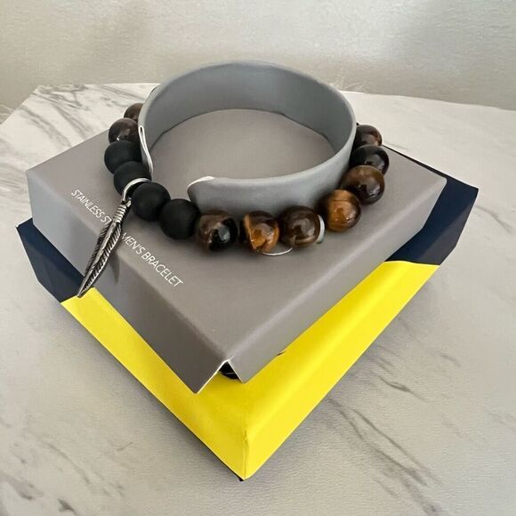 NAUTICA Tiger Eye Beaded Feather Charm‎ Bracelet, Uni Sex, Brown/Black, NWT - Picture 6 of 15